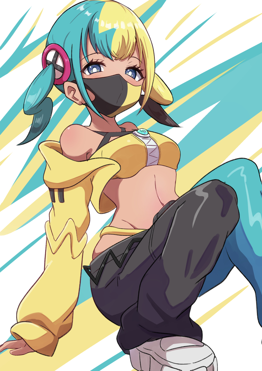 1girl absurdres aqua_hair bandeau black_mask blonde_hair blue_eyes blush breasts canari_(pokemon) criss-cross_straps dark-skinned_female dark_skin fake_hair_bun highres jacket long_sleeves looking_at_viewer mask mouth_mask multicolored_hair navel nintendo pants pokemon pokemon_legends:_z-a rono_(lethys) short_twintails solo split-color_hair sports_bra twintails two-tone_hair two-tone_mask two-tone_pants yellow_bandeau yellow_jacket yellow_mask yellow_sports_bra