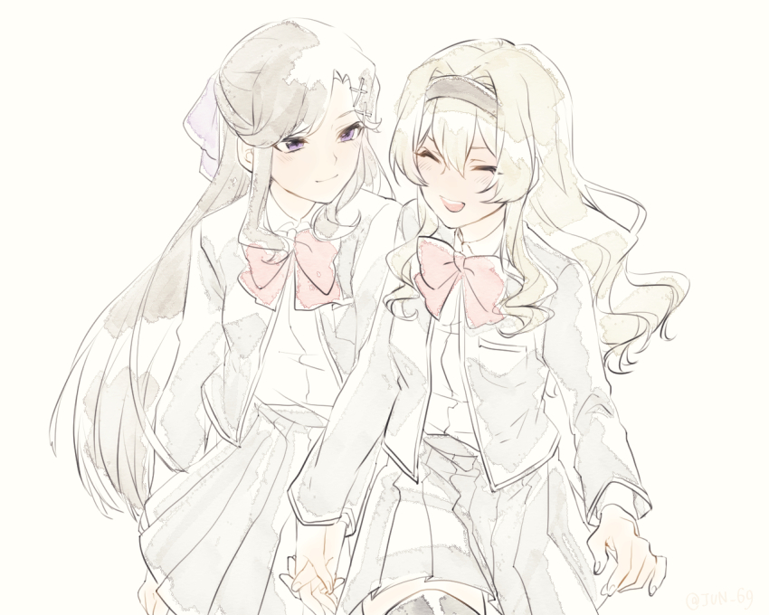 2girls black_headband blonde_hair bow bowtie brown_hair closed_eyes closed_mouth collared_shirt commentary_request friends grey_jacket grey_skirt hair_between_eyes hair_bow hair_ornament hairclip happy head_tilt headband holding_hands jacket jun_(kyurisin) leaning_forward light_smile long_sleeves looking_to_the_side multiple_girls open_clothes open_jacket open_mouth parted_bangs purple_bow purple_eyes red_bow red_bowtie saijou_claudine school_uniform shirt shoujo_kageki_revue_starlight simple_background skirt smile standing teeth tendou_maya thighhighs upper_body upper_teeth_only walking wavy_hair white_shirt yellow_background yuri