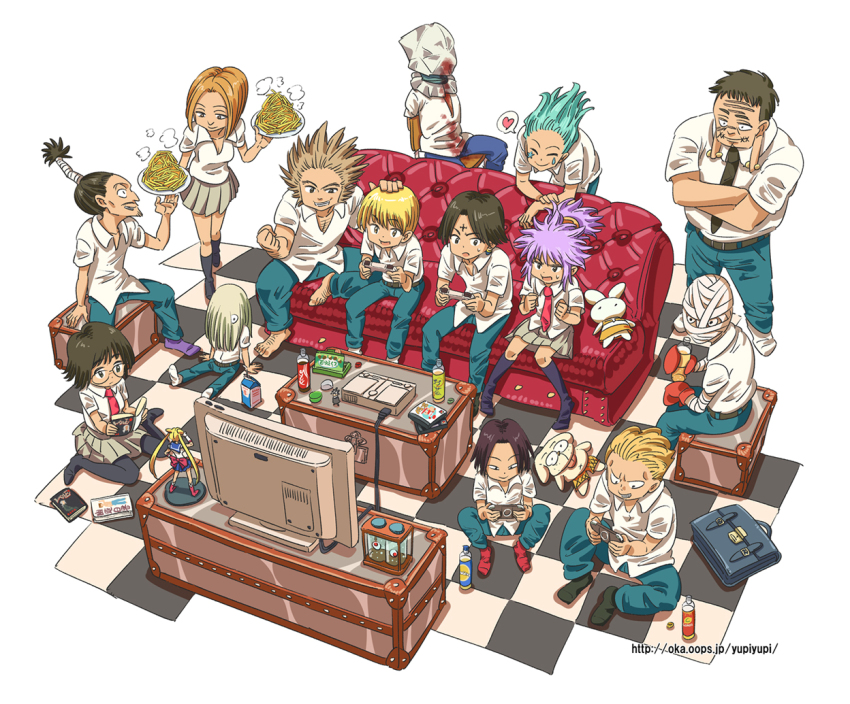 3girls 6+boys :d ^_^ alternate_costume aqua_hair arm_at_side arm_support arms_at_sides artist_self-insert bandages barefoot belt bishoujo_senshi_sailor_moon black_hair black_necktie blonde_hair blood blood_on_clothes blue_pants blue_sailor_collar bonolenov_ndongo book bottle boxing_gloves breasts briefcase brown_hair cable cameo chair character_doll checkered_floor chips_(food) chrollo_lucilfer cleavage clenched_hand clenched_hands closed_eyes closed_mouth collared_shirt contemporary controller couch covered_face creator_connection cross crossed_arms crossover doll drink dual_wielding earlobes earrings eyeball eyebrows facial_hair facial_mark feitan_portor figure food forehead_mark franklin_bordeau from_above game_console game_controller glasses grey_skirt hair_over_face hair_over_one_eye hair_slicked_back hand_on_another&#039;s_head hand_on_own_arm heart hiei hisoka_morow holding holding_book holding_bottle holding_own_arm holding_plate hunter_x_hunter jewelry kneehighs korutopi leaning_forward lock long_earlobes looking_at_another machi_komacine medium_breasts miniskirt multiple_boys multiple_crossover multiple_girls mustache necktie no_shoes nobunaga_hazama on_chair on_floor one_eye_covered open_book open_mouth padlock pakunoda pants pantyhose parted_bangs phinks_magcub pink_necktie plate playing_games polo_shirt purple_hair purple_legwear reading red_necktie sailor_collar sailor_moon school_uniform shalnark shirt shizuku_murasaki short_hair short_sleeves sitting skirt smile socks speech_bubble spiked_hair spoken_heart standing steam stitched_mouth stitches stuffed_animal stuffed_dog stuffed_rabbit stuffed_toy sweatdrop television topknot treasure_chest tube uvogin wariza watermark web_address white_background white_legwear white_shirt yupii yuu_yuu_hakusho