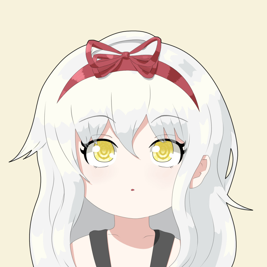 1girl :o ahoge bare_shoulders black_bra blush bra bra_strap chibi eyelashes female_focus hair_ornament hairband head highres long_eyelashes long_hair looking_up open_mouth original penitenn red_hairband red_ribbon ribbon simple_background solo underwear white_hair yellow_background yellow_eyes