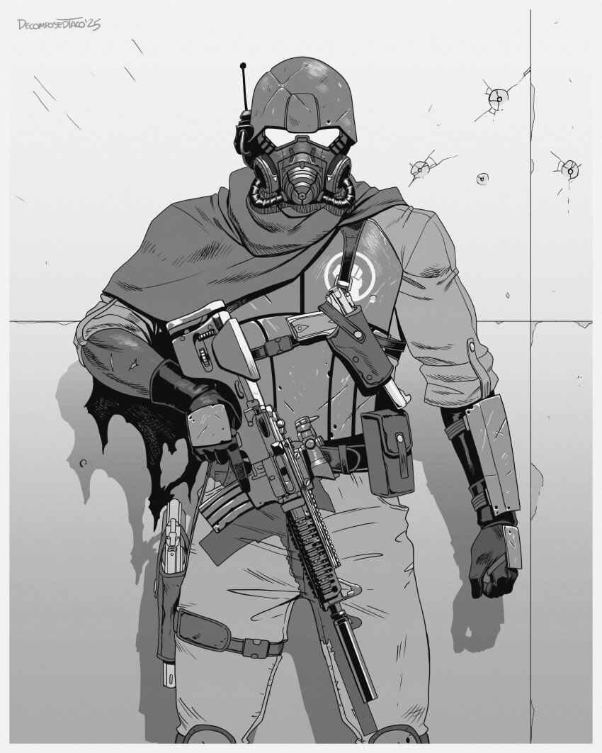 absurdres ambiguous_gender ar-15 bullet_hole bulletproof_vest capelet clenched_hand decomposedtaco fallout gas_mask gun handgun highres holster looking_at_viewer mask military_uniform ncr_veteran_ranger new_california_republic pouch rifle scope shoulder_holster single_vambrace solo suppressor trigger_discipline vambraces weapon