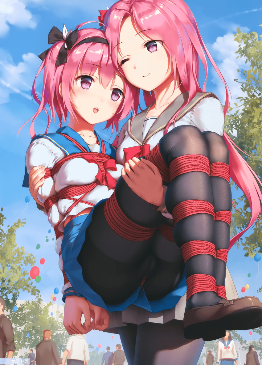 2girls absurdres azur_lane bdsm black_legwear bondage bound cameltoe carrying day highres himitsu_(hi_mi_tsu_2) legs_together lexington_(azur_lane) multiple_girls no_panties outdoors pantyhose princess_carry saratoga_(azur_lane) school_uniform serafuku short_hair_with_long_locks siblings sisters skindentation smile