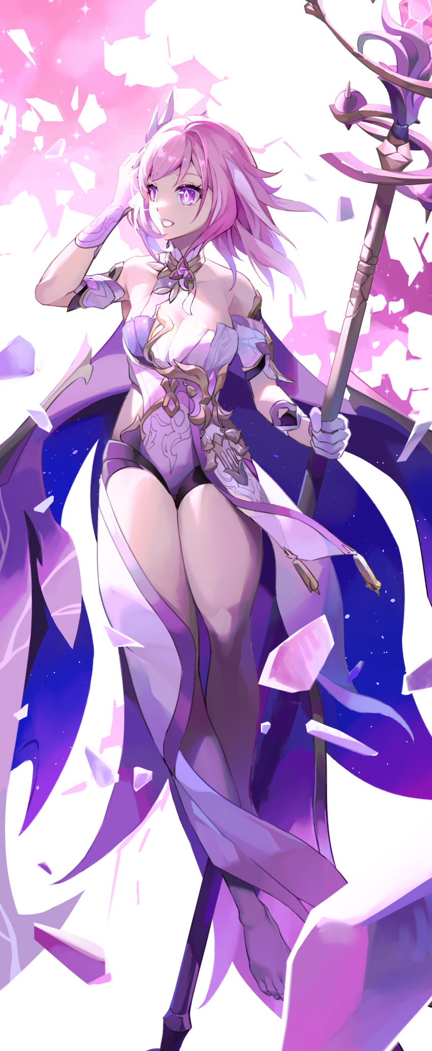 1girl absurdres bare_legs bare_shoulders barefoot black_shorts breasts cleavage corset crystal_shards diamond-shaped_pupils diamond_(shape) elysia_(herrscher_of_human:_ego)_(honkai_impact) elysia_(honkai_impact) feet floating gloves hair_ornament highres holding holding_staff honkai_(series) honkai_impact_3rd large_breasts legs open_mouth pink_hair purple_eyes short_hair short_shorts shorts solo staff symbol-shaped_pupils teeth triquetra white_background white_corset white_gloves xinliu_asato