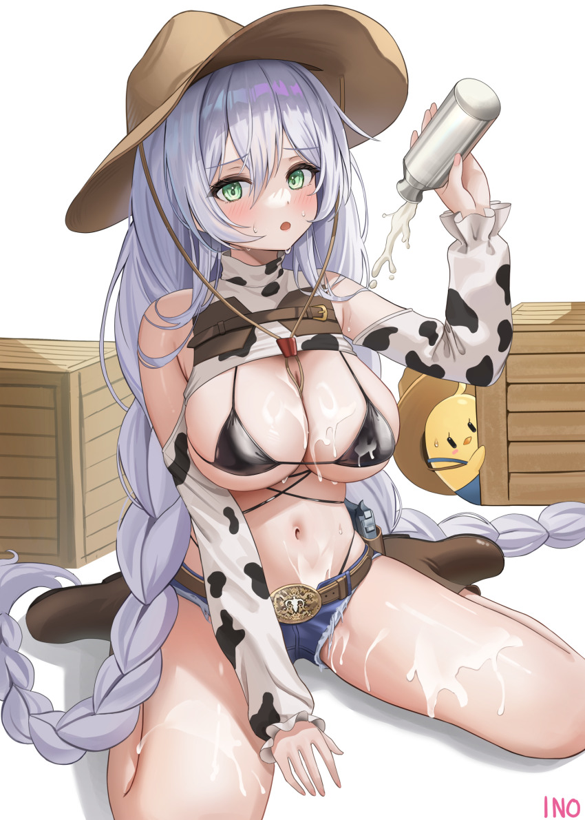 1girl animal_print azur_lane bare_shoulders belt between_legs bikini bikini_under_clothes black_bikini blue_shorts boots bottle braid breasts brown_boots cleavage cow_print cow_print_sleeves cowboy_hat cutoffs denim denim_shorts detached_sleeves fargo_(azur_lane) fargo_(dairy_in_the_dreary_sun)_(azur_lane) green_eyes hand_between_legs hand_up hat highleg highres iino_(isnyong) large_breasts long_hair long_sleeves looking_at_viewer micro_shorts milk_bottle multi-strapped_bikini_top navel official_alternate_costume open_mouth pouring pouring_onto_self shorts shrug_(clothing) sitting skindentation sleeveless solo stomach string_bikini sweat swimsuit thighs twin_braids twintails very_long_hair wariza white_hair