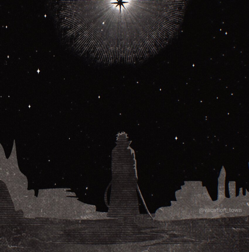 1boy black_hair distortion full_body full_moon glitch greyscale highres horizon male_focus monochrome moon night night_sky omniscient_reader&#039;s_viewpoint shadow sidelighting sky solo sparkle star_(sky) starry_sky vacation_town yoo_joonghyuk