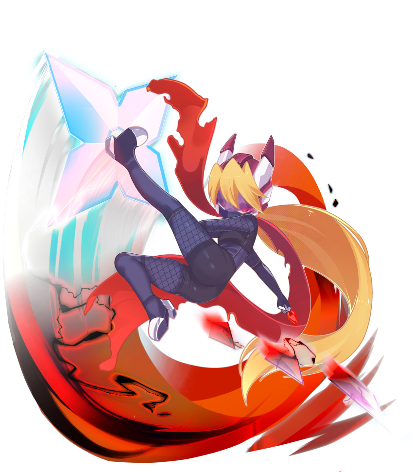 1girl absurdres aizeis alternate_costume alternate_eye_color assault_visor attack attack_trail biometal blonde_hair bodystocking breasts ciel_(mega_man) covered_navel crosshair_pupils electricity energy_blade energy_weapon fake_horns fishnet_bodystocking fishnets full_body helmet high_heels highres horned_helmet horns kunai long_bangs long_hair long_scarf looking_at_viewer mask mega_man_(series) mega_man_zero_(series) mega_man_zx model_p_(mega_man) mouth_mask no_armor non-web_source ponytail red_eyes scarf shorts shuriken small_breasts solo thighs transparent_background weapon