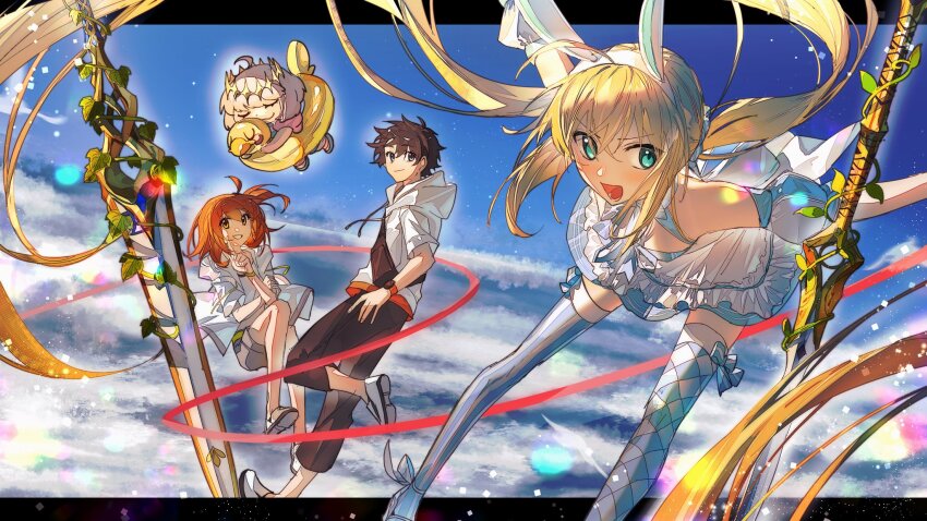2boys 2girls ahoge animal_ear_hairband animal_ears argyle_clothes argyle_legwear argyle_thighhighs artoria_caster_(fate) artoria_caster_(swimsuit)_(fate) artoria_caster_(swimsuit)_(second_ascension)_(fate) artoria_caster_(swimsuit_berserker)_(fate) artoria_caster_(swimsuit_berserker)_(second_ascension)_(fate) artoria_pendragon_(fate) bare_shoulders belt black_hair blonde_hair blue_dress blue_eyes blue_thighhighs blush bow bow_legwear breasts checkered_thighhighs chibi dress dress_bow duck_innertube fake_animal_ears fanny_pack fate/grand_order fate_(series) fujimaru_ritsuka_(female) fujimaru_ritsuka_(female)_(summer_street) fujimaru_ritsuka_(male) fujimaru_ritsuka_(male)_(summer_street) green_belt green_eyes grey_shorts hairband highres hood hoodie inflatable_armbands innertube jacket long_hair looking_at_viewer multiple_boys multiple_girls oberon_(fate) open_mouth orange_hair pants puffy_short_sleeves puffy_sleeves rabbit_ears shirt short_hair short_sleeves shorts side_ponytail small_breasts smile string string_of_fate striped_clothes striped_thighhighs swim_ring thighhighs twintails two-tone_thighhighs uby401 vertical-striped_clothes vertical-striped_thighhighs white_hoodie white_jacket