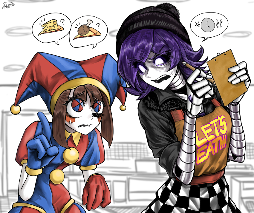 2girls android anger_vein annoyed apron asymmetrical_gloves beanie black_hat black_jacket blue_eyes blue_gloves blush_stickers brown_hair checkered_apron checkered_clothes clipboard colored_skin commentary company_connection cowboy_shot crossover dated english_commentary eyes_visible_through_hair fewer_digits fur-trimmed_jacket fur_trim gloves hat hat_bell highres holding holding_clipboard holding_pencil index_finger_raised jacket jester_cap jester_costume looking_at_another m4skedboi medium_hair mismatched_gloves monochrome_background multicolored_eyes multicolored_hat multiple_girls murder_drones open_mouth parted_bangs pencil pom_pom_(clothes) pom_pom_beanie pomni_(the_amazing_digital_circus) purple_eyes purple_hair red_eyes red_gloves signature sketch_background speech_bubble spoken_anger_vein spoken_food standing striped_clothes striped_headwear sweatdrop the_amazing_digital_circus two-tone_eyes uzi_(murder_drones) vertical-striped_bodysuit vertical-striped_clothes vertical-striped_headwear wavy_mouth white_skin