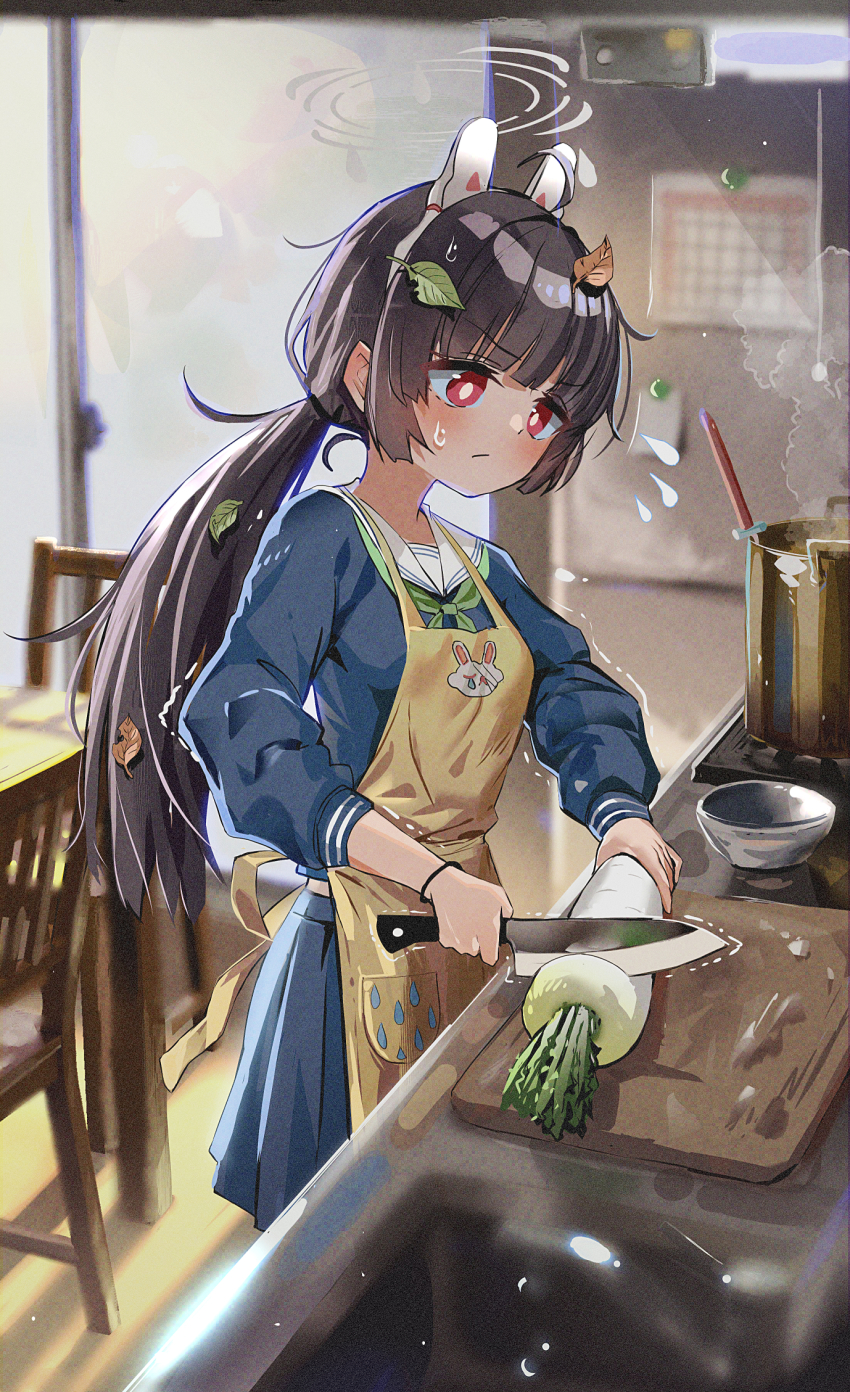 1girl animal_ears black_hair blue_archive blue_serafuku blue_skirt bright_pupils chopping cutting_board fake_animal_ears green_neckerchief halo highres holding holding_knife kitchen_knife knife leaf leaf_on_head long_hair miyu_(blue_archive) neckerchief radish red_eyes ryoma_(rym_369) sailor_collar school_uniform serafuku skirt sweatdrop white_pupils white_sailor_collar