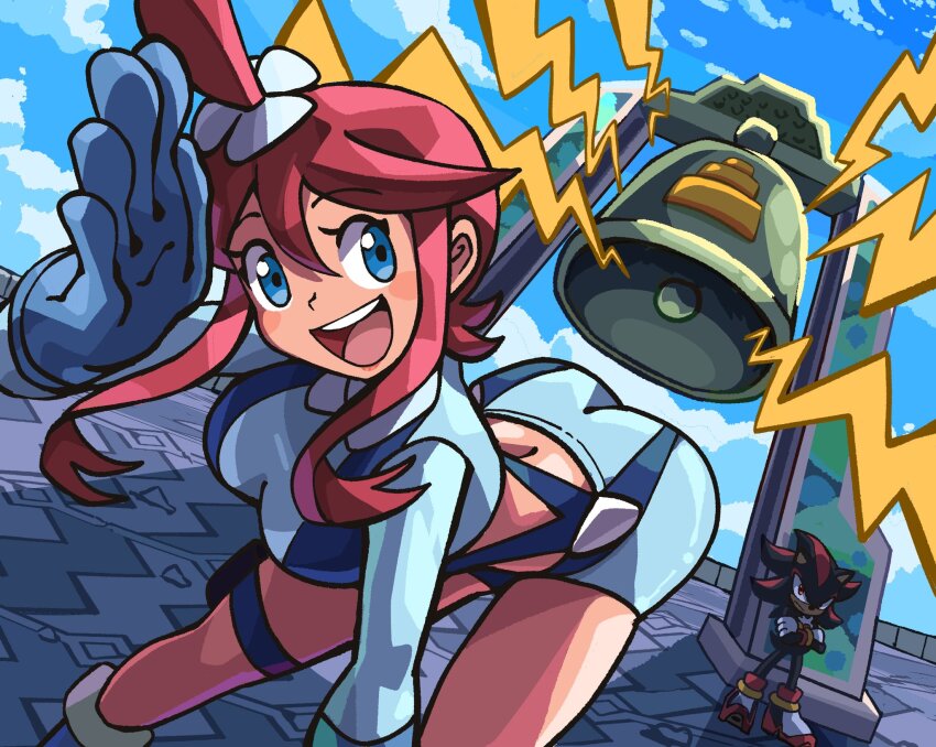 1boy 1girl 2024_pokemon_teraleak ass bare_legs bell bent_over black_fur black_hair blinking blue_eyes blue_footwear blue_shorts blue_sky blush_stickers boots breasts cloud cloudy_sky collar commentary crop_top crossed_arms crossover day dutch_angle english_commentary feet_out_of_frame floating_hair flower_ornament full_body furry furry_male gloves hair_between_eyes hairdressing head_tilt highres i_just_love_latinas_sonic_(meme) jewelry large_breasts long_hair long_sleeves looking_at_another meme midriff multicolored_hair navel nintendo notus_49 one_eye_closed open_hand open_mouth pants pilot pilot_suit pokemon pokemon_bw red_eyes red_hair red_lips sega shadow shadow_the_hedgehog shoes shorts sidelocks simple_background sky skyla_(pokemon) sonic_(series) spiked_hair streaked_hair suspenders tareme teeth thigh_strap tight_clothes tight_pants upper_teeth_only white_gloves wrist_cuffs