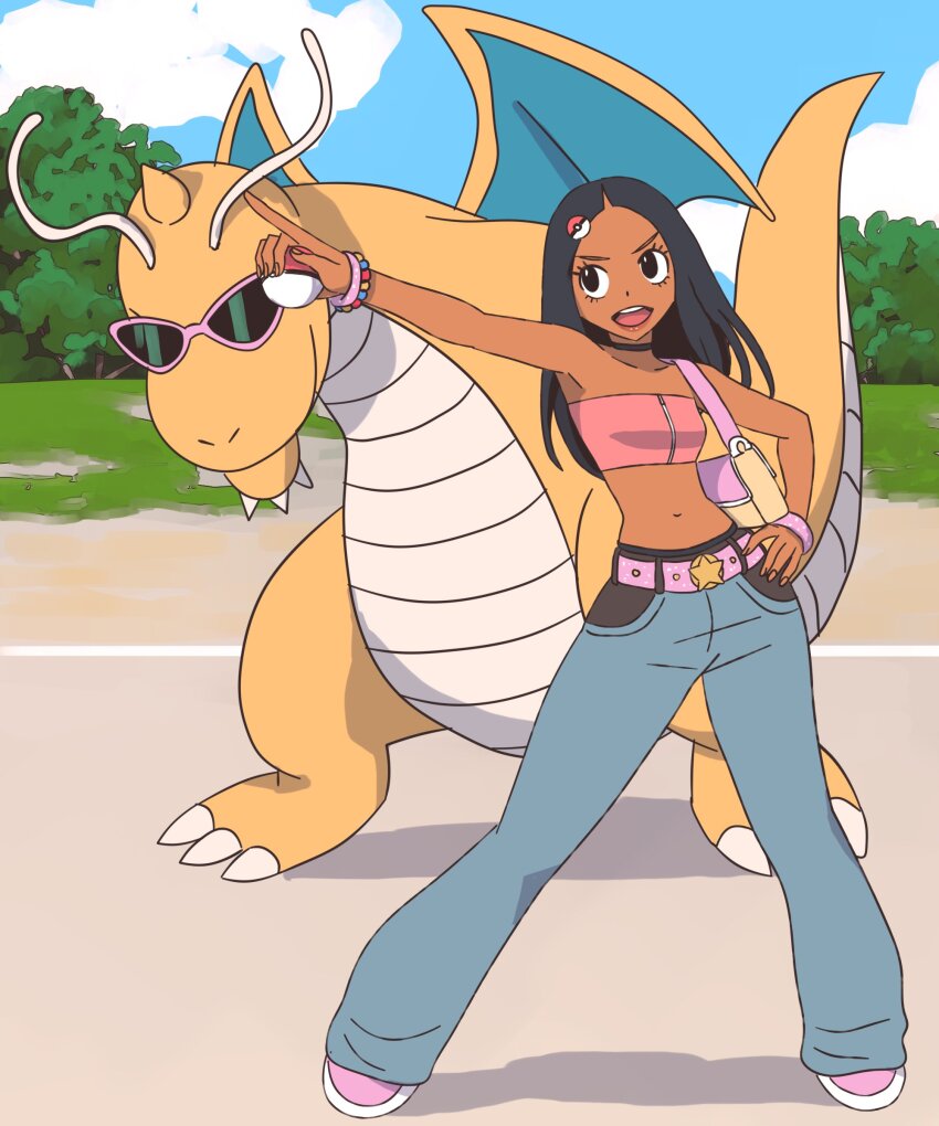 1girl absurdres antennae belt black_hair blue_pants blue_sky bracelet cloud dark-skinned_female dark_skin day denim dragonite gen_1_pokemon hand_on_own_hip highres holding holding_poke_ball jeans jesus_aponza jewelry long_hair navel nintendo open_mouth original outdoors pants pink-framed_eyewear pink_belt poke_ball poke_ball_(basic) poke_ball_hair_ornament pokemon pokemon_(creature) rosa_(jesus_aponza) sky sunglasses tree