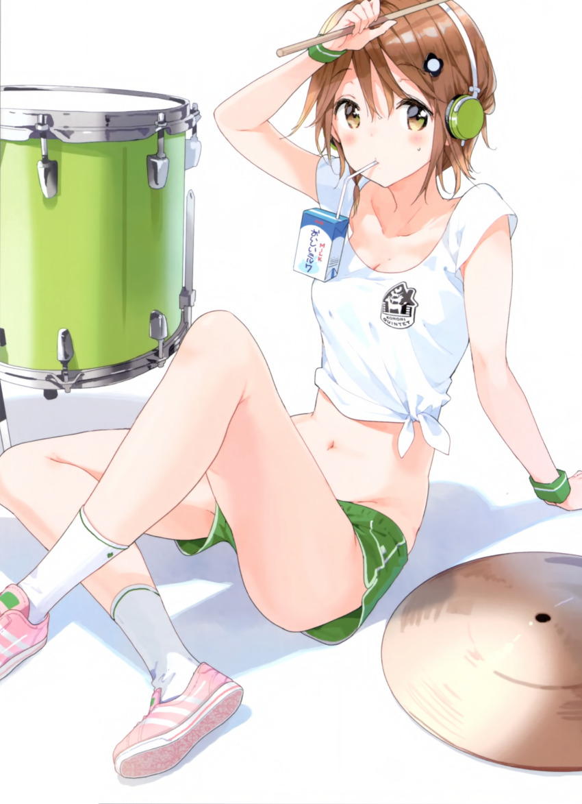 1girl blush bracelet breasts brown_eyes brown_hair drinking_straw drinking_straw_in_mouth drum drumsticks hair_between_eyes hair_ornament headphones highres instrument jewelry komori_quintet! midriff pink_shoes shoes short_hair shorts sitting solo third-party_edit tiv