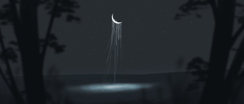 absurdres blurry blurry_foreground crescent crescent_moon dark glowing gracile highres horizon landscape moon night no_humans original sky star_(sky) starry_sky string tree