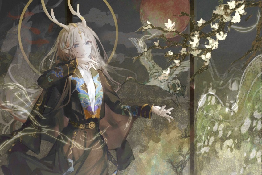 1girl :d a_deer_of_nine_colors animal antlers arknights aura bird black_cape black_jacket blue_eyes branch cape chinese_commentary commentary_request cowboy_shot crane_(animal) flower grey_hair grin highres horns jacket long_hair long_sleeves looking_at_viewer magic nine-colored_deer open_mouth qingdongsw smile solo standing white_flower