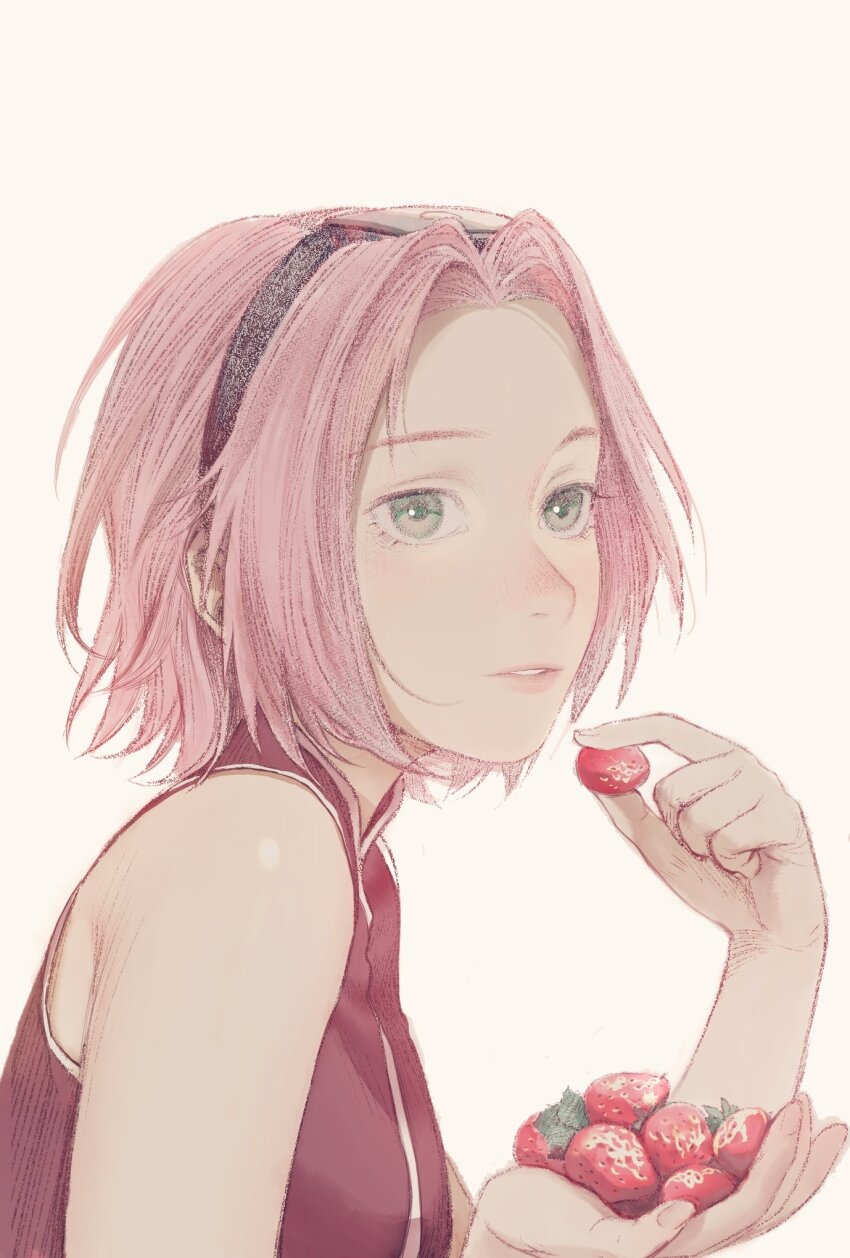 1girl bare_arms eyelashes food fruit green_eyes haruno_sakura headband highres holding holding_food holding_fruit jacket looking_to_the_side naruto_(series) pink_hair red_jacket short_hair simple_background sleeveless sleeveless_jacket strawberry tobu_(bilibil) upper_body white_background
