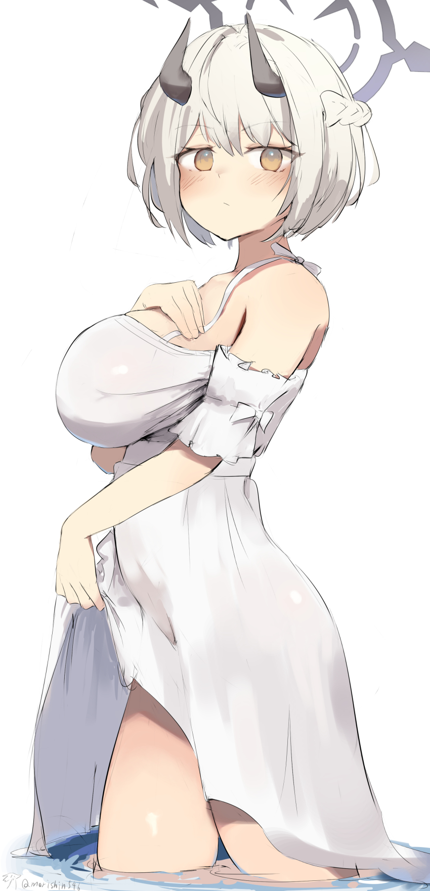 1girl absurdres black_halo black_horns blue_archive braid breasts commentary dress halo hand_on_own_chest highres horns large_breasts looking_at_viewer morishin546 partially_submerged sena_(blue_archive) short_hair simple_background solo thighs twitter_username wet wet_clothes wet_dress white_background white_dress white_hair