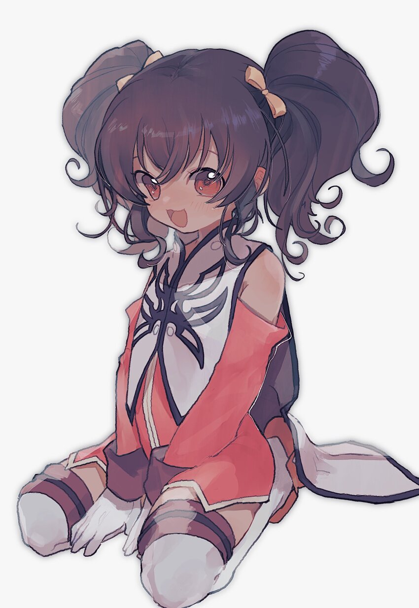 1girl :3 absurdres anise_tatlin bare_shoulders between_legs black_hair boots bow brown_eyes commentary crossed_bangs dark-skinned_female dark_skin detached_sleeves dress full_body gloves hair_bow hand_between_legs highres light_blush long_hair looking_at_viewer nancykittyu open_mouth pink_dress pink_sleeves seiza sidelocks simple_background sitting smile solo tabard tales_of_(series) tales_of_the_abyss thigh_boots twintails white_boots white_gloves white_tabard yellow_bow