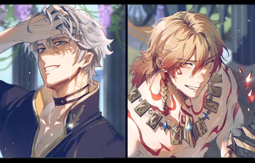 2boys absurdres black_choker black_shirt blonde_hair blurry blurry_background blush chest_tattoo choker clawed_gauntlets commentary_request crystal facial_tattoo ggtnnk gold_necklace gradient_hair grin hair_between_eyes hand_on_own_head hand_up highres honkai:_star_rail honkai_(series) jewelry male_focus multicolored_hair multiple_boys mydei_(honkai:_star_rail) necklace phainon_(honkai:_star_rail) ponytail red_hair red_tattoo shirt short_hair smile sun_symbol sun_tattoo sweat tan tattoo topless_male white_hair white_shirt yellow_eyes