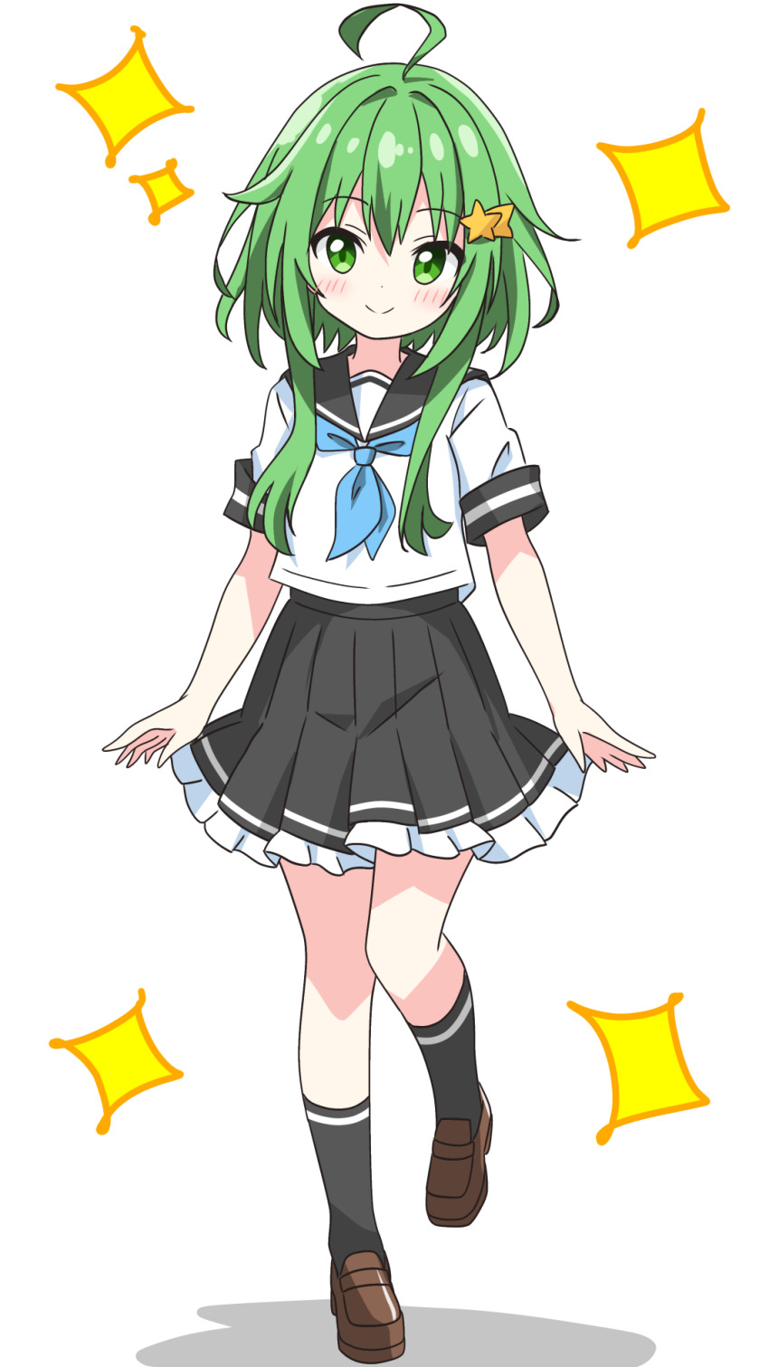 1girl ahoge black_sailor_collar black_skirt black_socks blue_neckerchief blush brown_shoes closed_mouth commentary_request dot_nose frilled_skirt frills full_body green_eyes green_hair hair_ornament highres kotatsu-mazoku looking_at_viewer neckerchief original pleated_skirt sailor_collar school_uniform serafuku shirt shoes shooting_star_hair_ornament short_hair_with_long_locks short_sleeves simple_background skirt smile socks solo sparkle standing standing_on_one_leg star_(symbol) star_hair_ornament white_background white_shirt