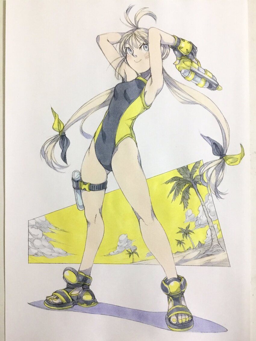 1girl antenna_hair arms_up beach belt black_one-piece_swimsuit blonde_hair breasts cloud fingerless_gloves full_body gloves highres long_hair one-piece_swimsuit original painting_(medium) palm_tree peter_salt solo standing swimsuit thigh_belt thigh_strap traditional_media tree twintails two-tone_one-piece_swimsuit water_gun watercolor_(medium) yellow_one-piece_swimsuit