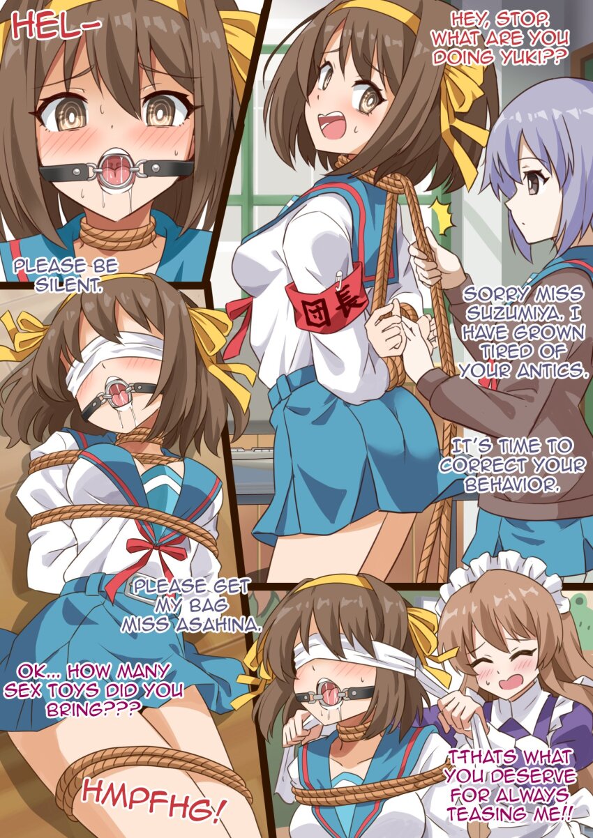 3girls apron armband arms_behind_back asahina_mikuru ass bdsm black_jacket black_sweater blindfold blue_sailor_collar blue_skirt blush bondage bound bound_arms bound_legs bound_thighs bound_torso breasts brown_hair collarbone collared_shirt drooling embarrassed english_text female_focus gag gagged grey_eyes hair_ornament hair_ribbon highres indoors jacket kita_high_school_uniform long_hair long_sleeves looking_at_viewer looking_back looking_to_the_side lying maid maid_apron maid_headdress medium_breasts medium_hair multiple_girls multiple_views nagato_yuki neck_ribbon nervous on_back on_floor open_mouth perky_breasts pleated_skirt purple_hair red_armband red_ribbon ribbon ring_gag rope sailor_collar saliva saliva_trail school_uniform shibari shibari_over_clothes shimouki_izui shirt sidelocks skirt small_breasts speech_bubble suzumiya_haruhi suzumiya_haruhi_no_yuuutsu sweat sweatdrop sweater teeth thighs tongue uvula white_shirt window wooden_floor yellow_eyes yellow_ribbon