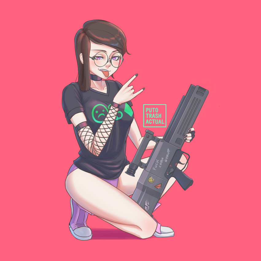 1girl \n/ absurdres advanced_combat_rifle_(military_program) advanced_individual_weapon_system_(military_program) advanced_infantry_weapon_system_(military_program) assault_rifle association_for_caseless_rifle_systems black_shirt borrowed_character braces breasts brown_hair bullpup carbine caseless_ammunition_rifle_system_(military_program) caseless_firearm collar english_text fishnets gesellschaft_fur_hulsenlose_gewehrsysteme glasses gun h&amp;k_acr h&amp;k_g11 h&amp;k_g11k2 heckler_&amp;_koch high-capacity_magazine highres horizontal_magazine long_gun magazine_(weapon) military_program original panties pink_background polygonal_rifling prototype prototype_design purple_eyes purple_panties puto_trash rifle scope shirt shoes sight_(weapon) simple_background single-stack_magazine solo telescopic_sight tongue tongue_out underwear weapon