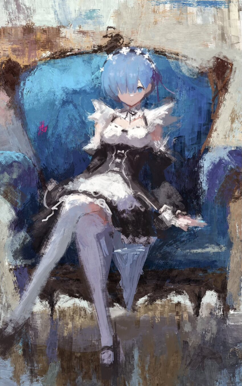 1girl black_dress blue_eyes blue_hair chair crossed_legs dress expressionless fuyumurasaki highres maid maid_headdress painterly re:zero_kara_hajimeru_isekai_seikatsu rem_(re:zero) short_hair sitting solo thighhighs white_thighhighs