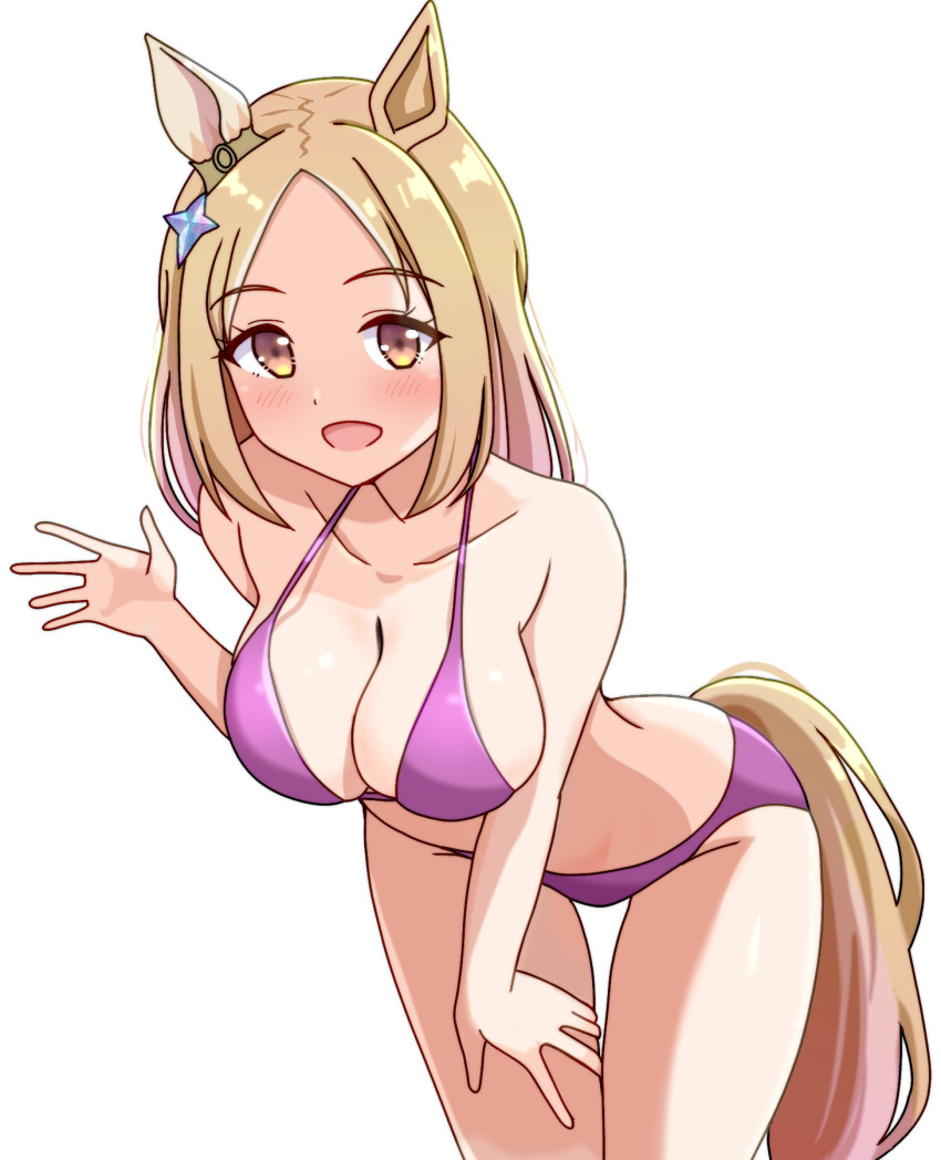 1girl animal_ears bikini blonde_hair breasts brown_eyes collarbone hair_ornament highres horse_ears horse_girl horse_tail large_breasts looking_at_viewer narita_top_road_(umamusume) purple_bikini seraphyfether simple_background solo star_(symbol) star_hair_ornament swimsuit tail umamusume white_background