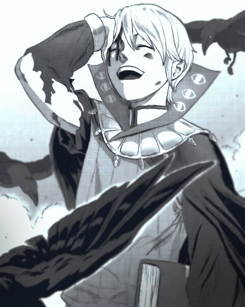 1boy :d absurdres bird blood blood_from_forehead blood_on_face book bruise bruise_on_face cape closed_eyes commentary crow fire_emblem fire_emblem_awakening greyscale hand_on_own_forehead henry_(fire_emblem) highres holding holding_book injury kwajia3 male_focus monochrome mystical_high_collar nintendo open_mouth short_hair smile solo teeth torn_clothes torn_sleeves upper_body upper_teeth_only white_hair
