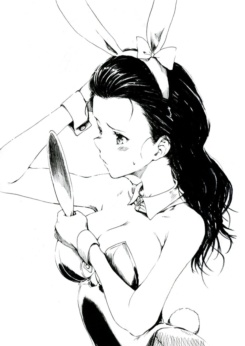 adjusting_hair animal_ears bare_shoulders blush breasts cleavage collarbone detached_collar fake_animal_ears girls_und_panzer hairband highres large_breasts leotard long_hair mirror playboy_bunny rabbit_ears rabbit_tail sawamin sweatdrop tail tamada_tamaki wrist_cuffs