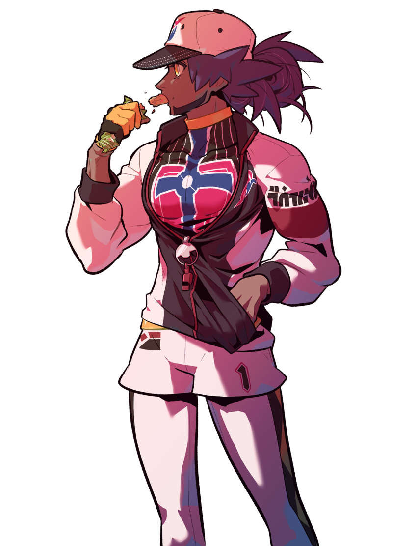 1boy alternate_costume black_shirt commentary_request dark-skinned_male dark_skin eating gloves hand_in_pocket hand_up hat highres holding jacket korean_commentary leggings leon_(pokemon) long_hair looking_to_the_side male_focus mouth_hold nintendo pokemon pokemon_swsh purple_hair redlhzz shield_print shirt shorts simple_background single_glove solo sword_print whistle white_background white_hat white_leggings white_shorts yellow_eyes zipper_pull_tab