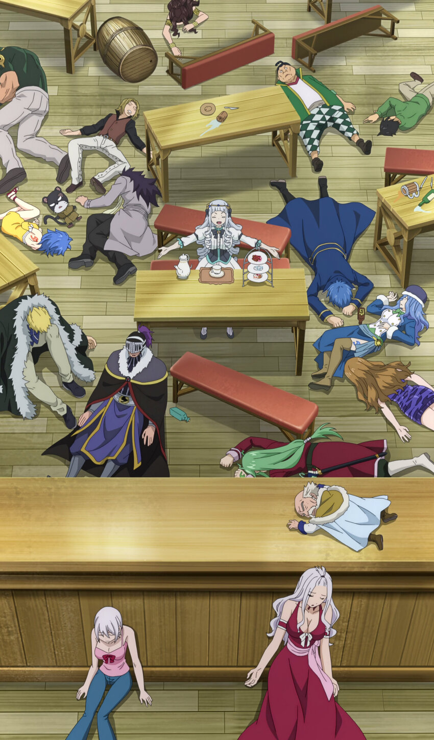absurdres bickslow_(fairy_tail) blue_hair breasts brown_hair cana_alberona cleavage dress evergreen_(fairy_tail) fairy_tail gajeel_redfox highres jellal_fernandes juvia_lockser large_breasts laxus_dreyar levy_mcgarden lisanna_strauss long_hair makarov_dreyar mirajane_strauss red_dress siblings sisters stitched third-party_edit white_hair