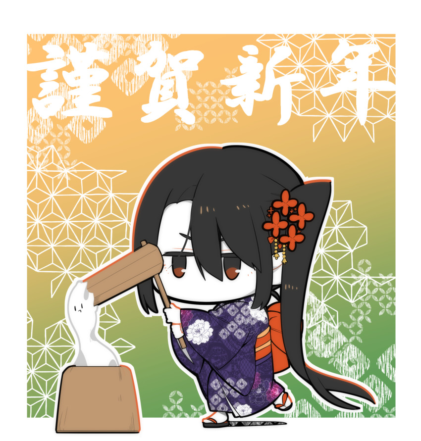 1girl black_hair chibi colored_skin commentary_request floral_print food hair_between_eyes hair_ornament higaragi highres holding japanese_clothes kantai_collection kimono kine long_hair long_sleeves mallet mochi mochitsuki nachi_(kancolle) new_year no_mouth obi sash side_ponytail solo very_long_hair white_skin wide_sleeves