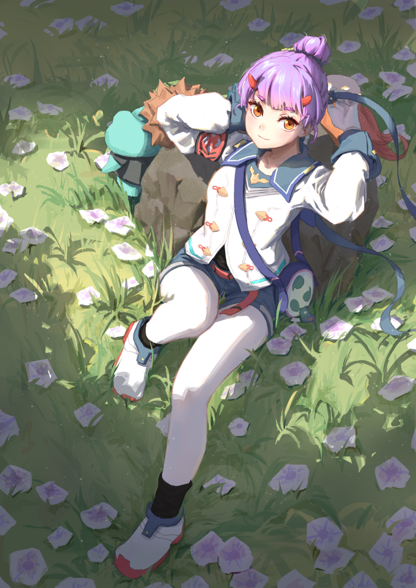 1girl absurdres armband arms_behind_head asuka-w blue_ribbon blue_shorts fiona_(xenoblade) full_body gloves hair_bun hair_ribbon highres horns pantyhose_under_shorts long_sleeves looking_at_viewer mitsudomoe_(shape) pantyhose purple_hair red_armband ribbon shirt short_eyebrows short_shorts shorts solo tomoe_(symbol) white_gloves white_pantyhose white_shirt xenoblade_chronicles_(series) xenoblade_chronicles_3 yellow_eyes