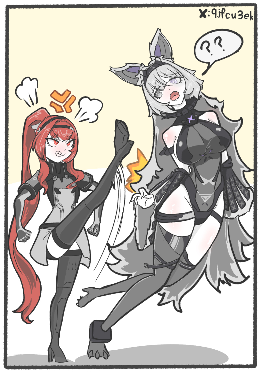 2girls alternate_breast_size alternate_height angry animal_ears black_bodysuit black_hairband black_thighhighs bodysuit breast_size_switch breasts claws detached_sleeves fake_animal_ears fang flat_chest goodcu grey_bodysuit grey_thighhighs grin hair_intakes hairband height_switch high_heels highleg highres large_breasts long_hair long_sleeves multiple_girls no._21:_feral_scent_(pgr) no._21_(pgr) open_mouth ponytail punishing:_gray_raven red_eyes red_hair sidelocks sleeveless sleeveless_bodysuit smile thighhighs vera:_garnet_(pgr) vera_(pgr) very_long_hair wide_sleeves wolf_ears