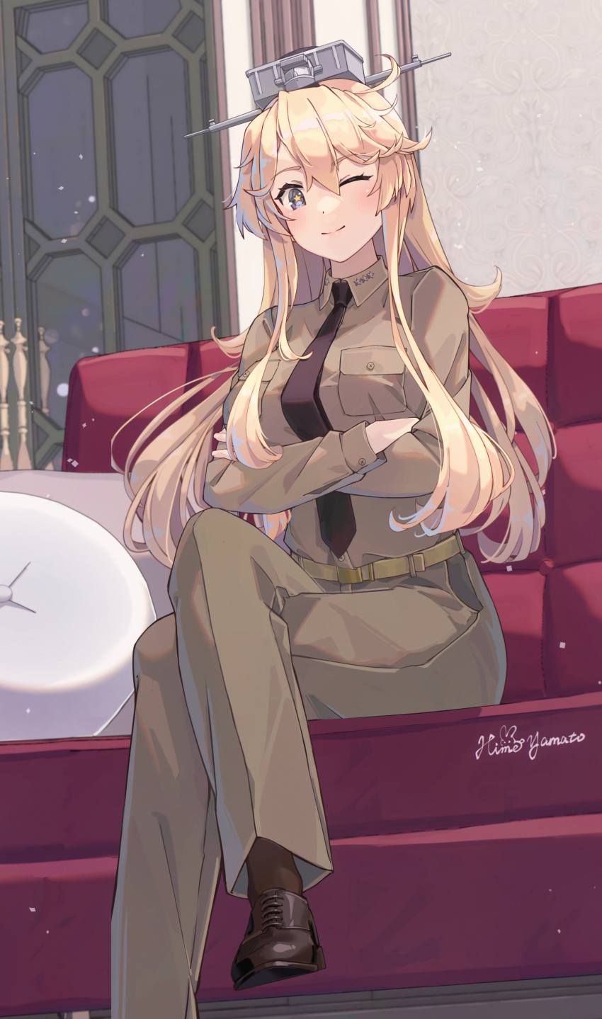 1girl absurdres alternate_costume arms_under_breasts artist_name black_necktie black_shoes blonde_hair blue_eyes brown_footwear brown_pants brown_shirt brown_socks commentary_request couch crossed_arms crossed_legs green_pants green_shirt headgear highres himeyamato indoors iowa_(kancolle) kantai_collection khaki_pants khaki_shirt long_hair looking_at_viewer military_uniform naval_uniform naval_working_uniform necktie on_couch one_eye_closed paid_reward_available pants shirt shirt_tucked_in shoes sitting smile socks solo star-shaped_pupils star_(symbol) symbol-shaped_pupils wink
