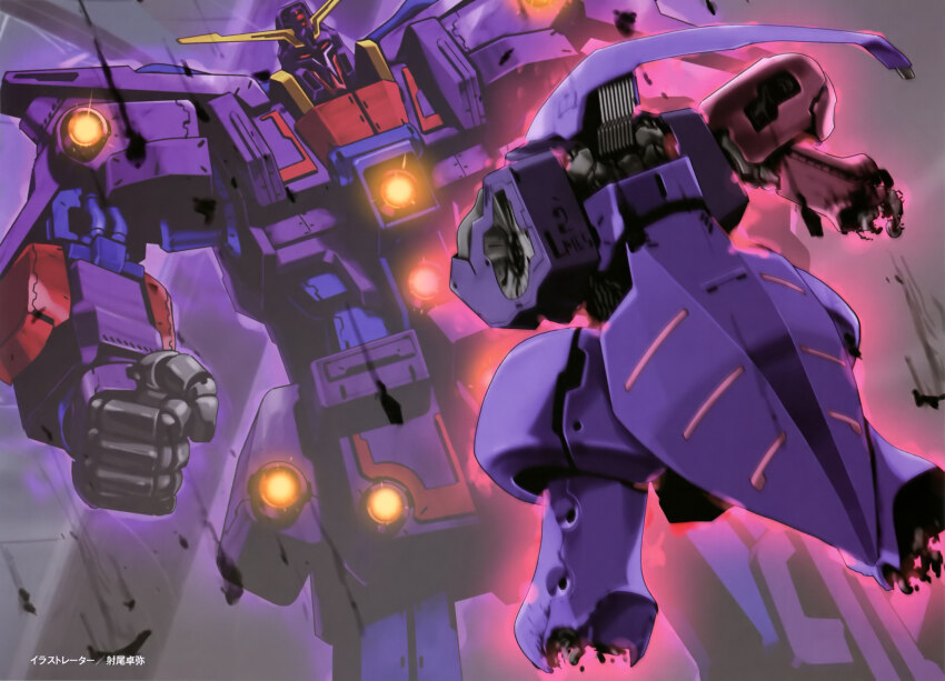 artist_request battle beam_cannon copyright_logo damaged duel energy exposed_internal_machinery fake_screenshot glowing gundam gundam_zz highres machinery mecha mecha_focus mobile_suit neo_zeon official_art psyco_gundam_mk_ii qubeley_mk_ii robot science_fiction severed_limb size_difference spoilers sunrise_(company)