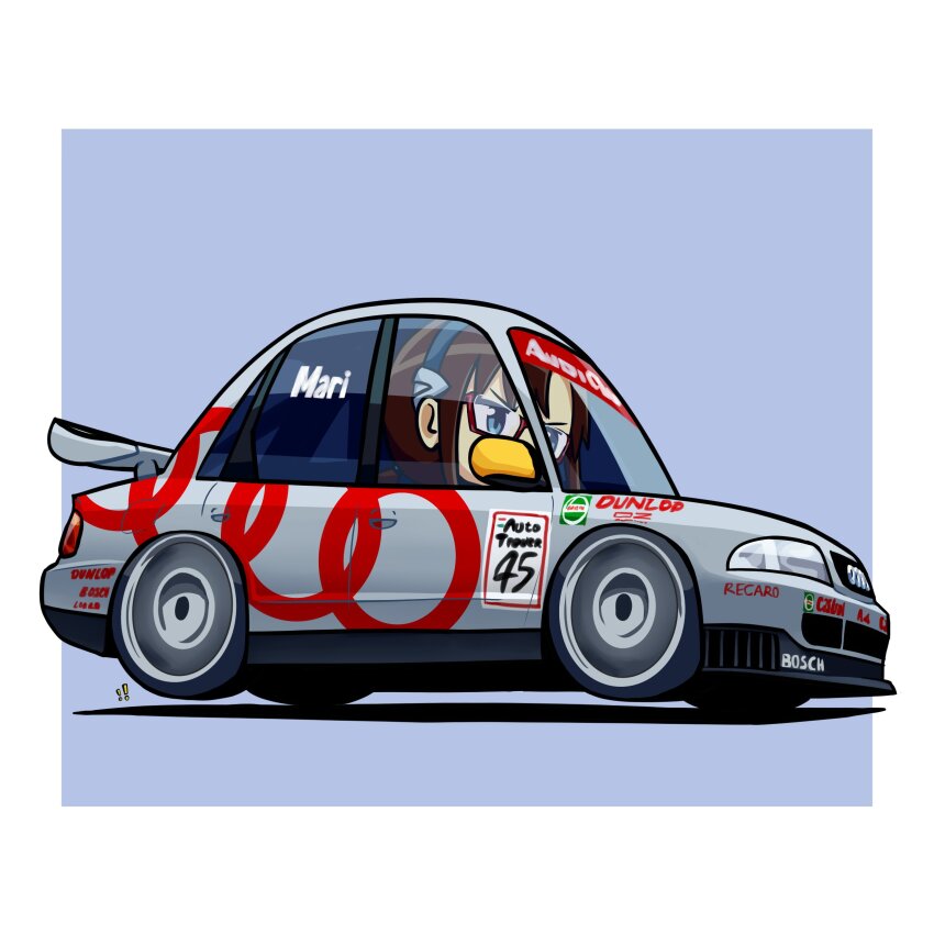 1girl absurdres audi audi_a4 blue_background blue_eyes blue_hairband border british_touring_car_championship brown_hair car castrol commentary driving dunlop duz english_commentary from_side hair_behind_ear hairband highres makinami_mari_illustrious motor_vehicle neon_genesis_evangelion outside_border race_vehicle racecar rebuild_of_evangelion solo spoiler_(automobile) sponsor v-shaped_eyebrows vehicle_focus white_border