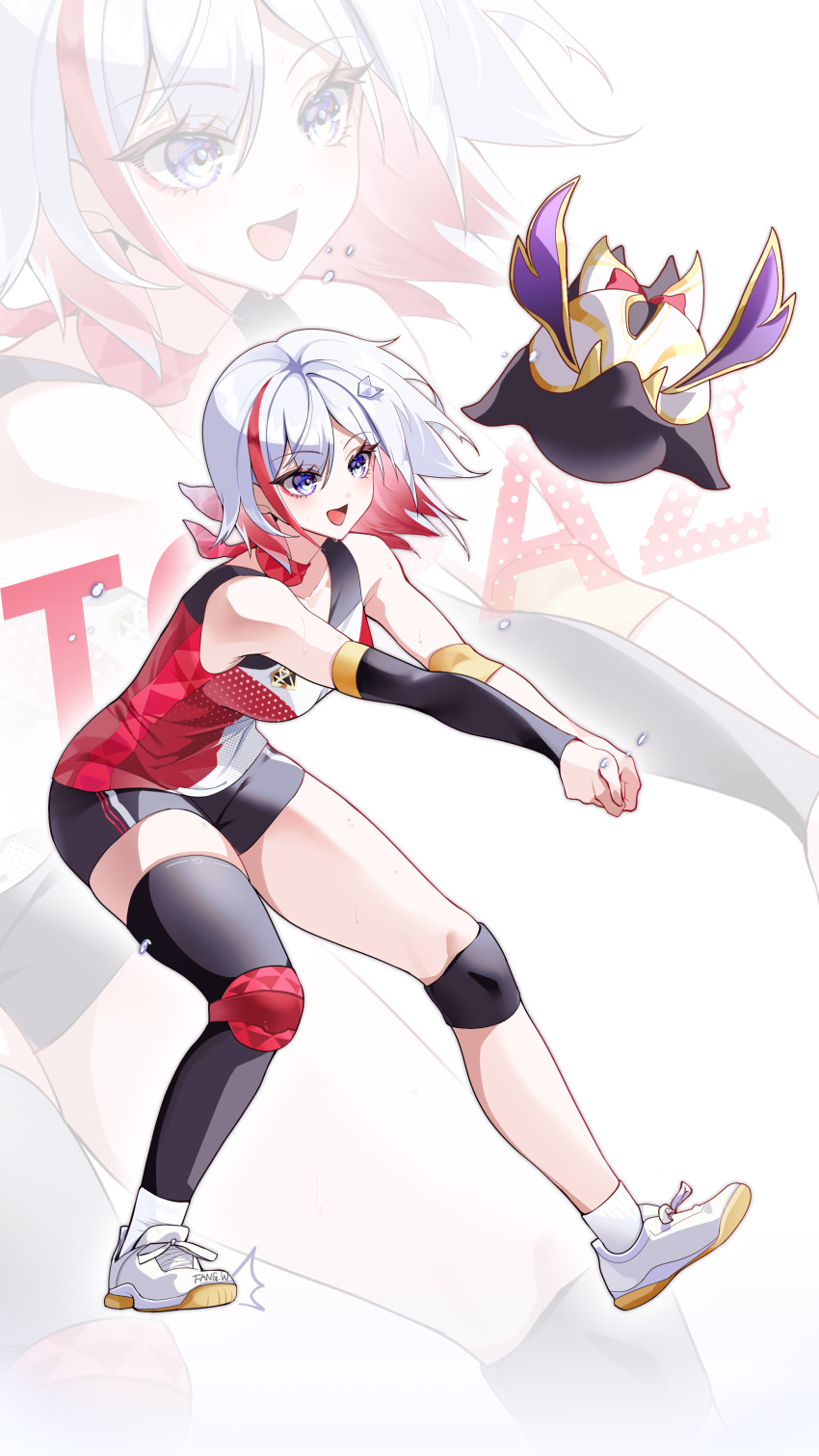 1girl absurdres artist_name black_shorts blue_eyes breasts character_name collarbone colored_inner_hair fangwan hair_ornament highres honkai:_star_rail honkai_(series) knee_pads multicolored_hair neck_ribbon numby_(honkai:_star_rail) open_mouth red_hair ribbon shirt shoes short_hair short_shorts shorts single_knee_pad single_thighhigh sportswear streaked_hair sweat thighhighs topaz_(honkai:_star_rail) trotter_(honkai:_star_rail) volleyball volleyball_uniform white_shirt white_shoes
