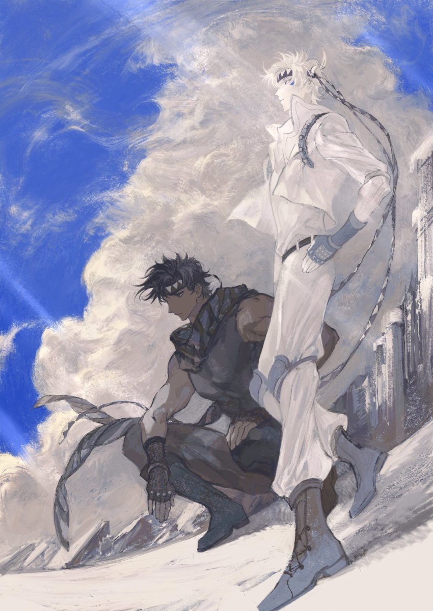 2boys battle_tendency boots caesar_anthonio_zeppeli cloud crop_top facial_mark feather_hair_ornament feathers fingerless_gloves ghost gloves hair_ornament highres jojo_no_kimyou_na_bouken joseph_joestar joseph_joestar_(young) knee_pads male_focus midriff mitus mountain multiple_boys muted_color scarf sky squatting striped_clothes striped_scarf triangle_print