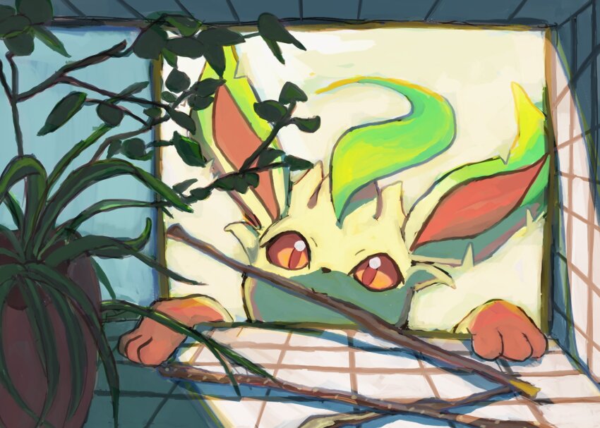 brown_eyes brown_sclera colored_sclera gen_4_pokemon green_fur highres indoors leaf leafeon mouth_hold multicolored_fur nintendo no_humans oisisabatugun plant pokemon pokemon_(creature) potted_plant solo stick tiles yellow_fur