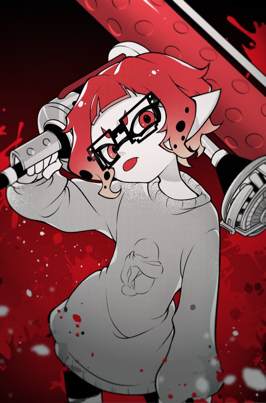 1girl 8-bit_(splatoon) :p arm_up bike_shorts black-framed_eyewear black_background black_shorts closed_mouth commentary cowboy_shot dynamo_roller_(splatoon) glasses gradient_background grey_sweater halftone highres holding holding_weapon inkling liang_cun_rakuna long_sleeves nintendo over_shoulder pale_skin pointy_ears red_background red_eyes red_hair short_hair shorts solo splatoon_(manga) splatoon_(series) splatter_background sweater tentacle_hair tongue tongue_out two-tone_background v-shaped_eyebrows weapon weapon_over_shoulder