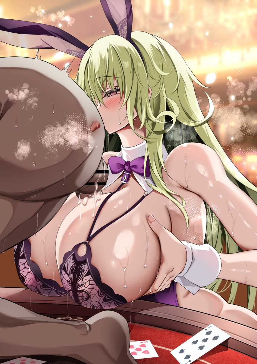 1boy 1girl absurdres anilingus animal_ears azur_lane bar_censor blush bow breasts censored collar detached_collar fake_animal_ears female_rimming_male from_side green_hair highres huge_breasts indoors kokihanada leotard long_hair napoli_(azur_lane) napoli_(dreamy_night)_(azur_lane) official_alternate_costume paizuri playboy_bunny poker_table purple_bow purple_leotard red_eyes reverse_paizuri seven_of_clubs sweat table ten_of_hearts very_long_hair white_collar white_wrist_cuffs wrist_cuffs x-ray