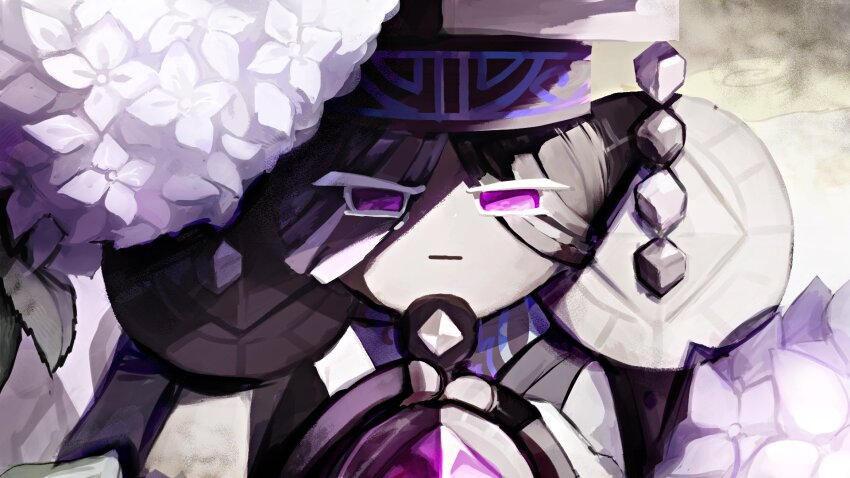 1boy black_hair closed_mouth commentary_request cookie_run cookie_run:_kingdom dark-skinned_male dark_cacao_cookie dark_skin eyes_visible_through_hair flower gem hair_over_eyes hands_up highres holding holding_sword holding_weapon jitome kapuri_cha long_hair looking_at_viewer male_focus multicolored_hair portrait purple_eyes purple_gemstone serious sidelighting solo straight-on streaked_hair sword two-tone_hair weapon white_flower white_hair