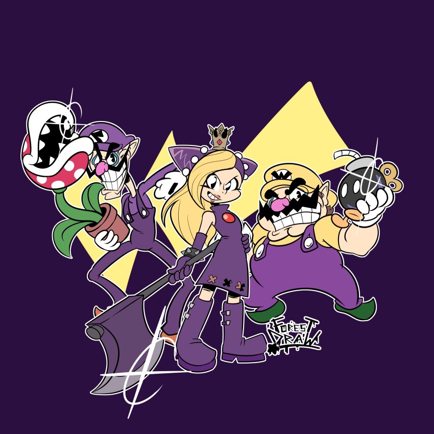 1girl 2boys absurdres artist_logo axe blonde_hair bob-omb boots crown facial_hair full_body gloves green_footwear hat highres holding holding_axe logo mario_(series) mario_power_tennis mario_tennis multiple_boys mustache nintendo overalls piranha_plant purple_background purple_footwear purple_hat purple_overalls uncle_forest waluigi wario warupeach white_gloves yellow_hat