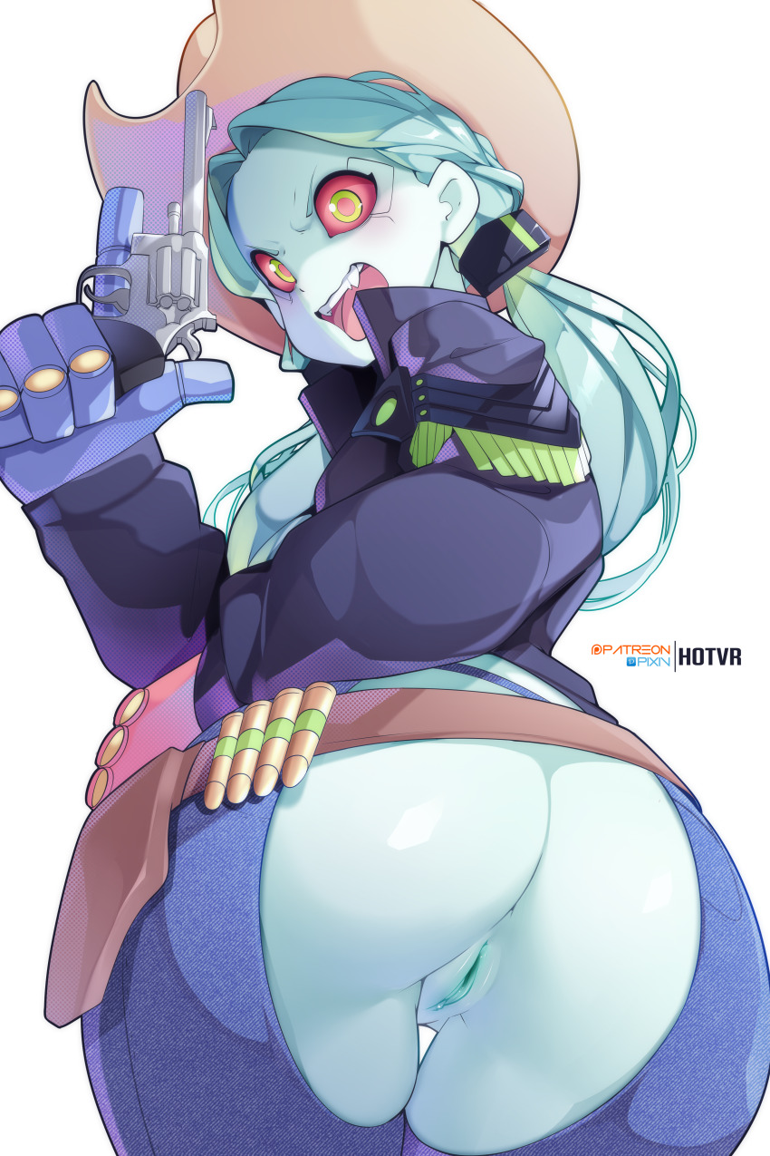1girl absurdres alternate_costume alternate_hairstyle ammunition anus anus_peek aqua_hair aqua_skin ass ass_cutout black_jacket brown_hat bullet chaps clothing_cutout colored_sclera colored_skin cowboy_hat curvy cyberpunk_(series) cyberpunk_edgerunners female_focus from_behind gun handgun hat highres holding holding_gun holding_weapon hot_vr huge_ass jacket long_hair long_sleeves looking_at_viewer low_twintails pussy rebecca_(cyberpunk) red_sclera revealing_clothes revolver shiny_skin simple_background solo twintails uncensored underwear weapon white_background wide_hips yellow_eyes