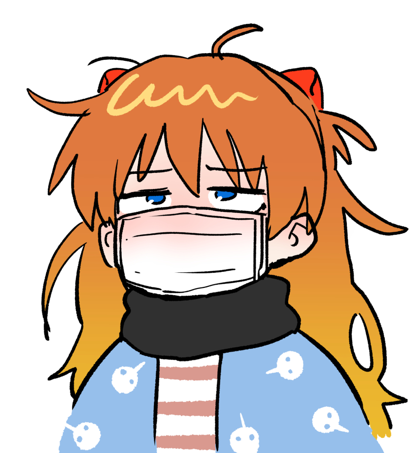 1girl blue_eyes blush brown_hair hair_between_eyes henriiku_(ahemaru) highres long_hair mask mouth_mask neon_genesis_evangelion sick solo souryuu_asuka_langley two_side_up winter_clothes