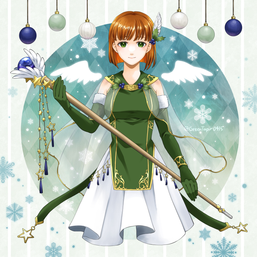 1girl absurdres alternate_hair_color argyle_background argyle_clothes brown_hair closed_mouth commentary_request dress elbow_gloves fire_emblem fire_emblem:_the_blazing_blade gloves green_background green_dress green_eyes hair_ornament highres holding holding_staff midori_no_baku nintendo priscilla_(fire_emblem) short_hair sleeveless sleeveless_dress smile solo staff striped_background upper_body wing_hair_ornament