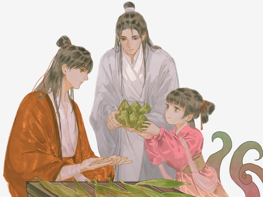 1girl 2boys bamboo_leaf bandaged_arm bandages black_hair child chinese_clothes chinese_commentary closed_mouth coat dao_gui_yi_xian dragon_boat_festival dress family fishandwine food giving green_eyes green_sash grey_coat hair_bun hair_ribbon hair_rings half_updo hands_up hanfu highres holding holding_food leaf li_huowang li_sui_(princess_anping) long_hair long_sleeves looking_at_another looking_down monster_girl multiple_boys open_clothes open_coat pink_dress pink_hanfu profile puffy_long_sleeves puffy_sleeves reaching red_coat red_eyes red_ribbon red_sash ribbon robe sash shawl sidelocks simple_background single_hair_bun sitting smile standing string string_of_fate table tentacles upper_body very_long_hair watercolor_effect white_background white_hanfu wide_sleeves xiao_guan_(headdress) yellow_eyes zhuge_yuan zongzi