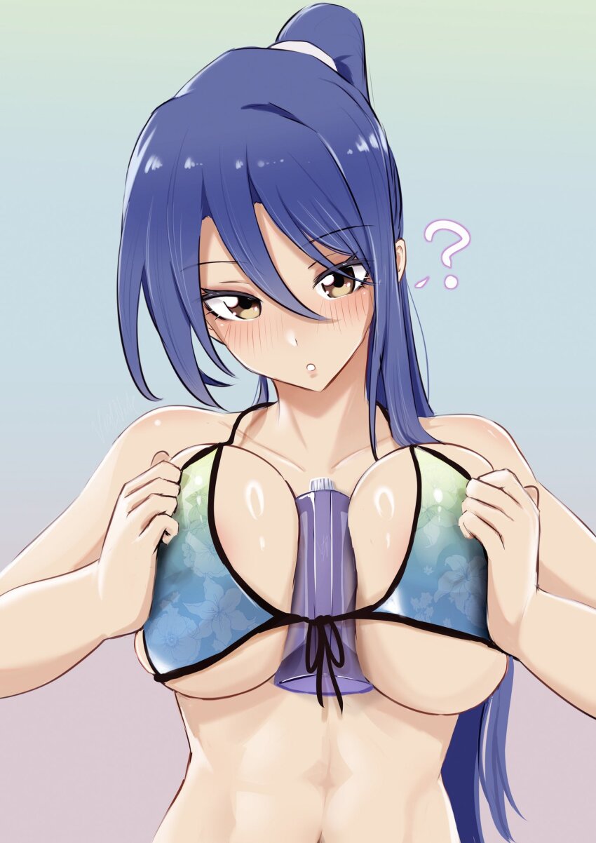 1girl ? abs between_breasts bikini blue_hair blush bottle_between_breasts breasts cleavage commentary double-parted_bangs eiyuu_densetsu english_commentary gradient_background hair_between_eyes hajimari_no_kiseki highres large_breasts laura_s._arseid long_hair navel ponytail portrait sen_no_kiseki_(series) sexually_suggestive simple_background simulated_paizuri solo swimsuit upper_body vialnite yellow_eyes